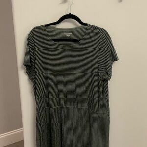 Eileen Fisher Linen Striped Dress in Seaweed Green and Black